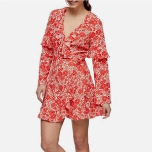 Topshop Red Floral Ruffle Long-Sleeve Mini Dress